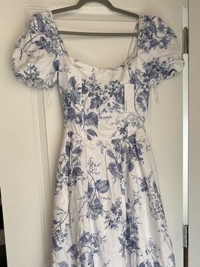 Reformation White Dress with Blue Floral Print, Puff Sleeves